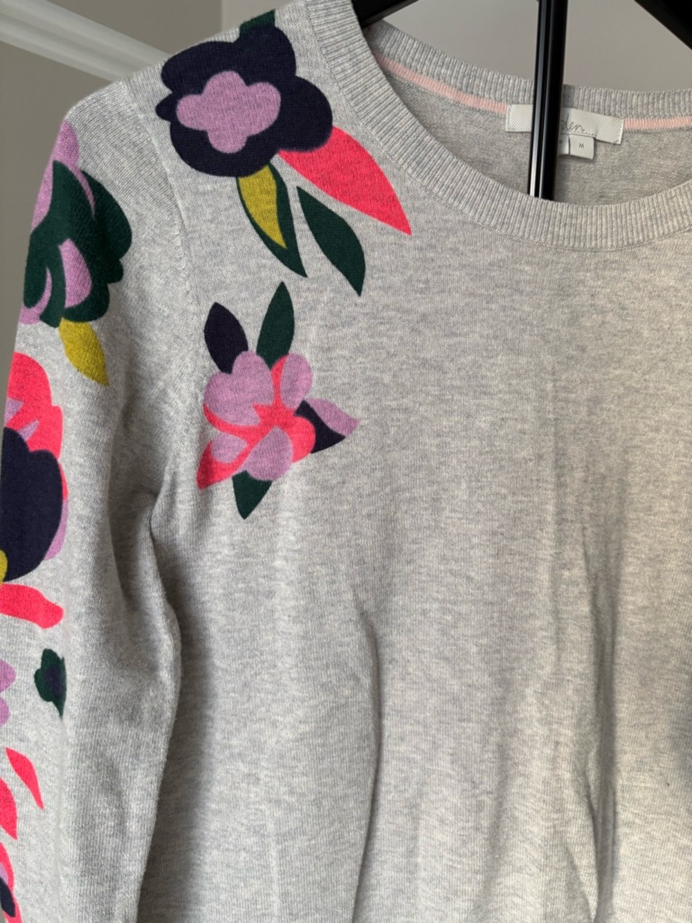 Boden Light Gray Crewneck Sweater with Pink, Navy & Yellow Floral Appliqué - Picture 2 of 7